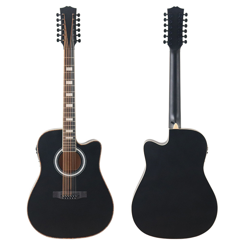41寸12弦缺角黑色哑光带eq民谣吉他男女通用学生弹唱演出木吉他