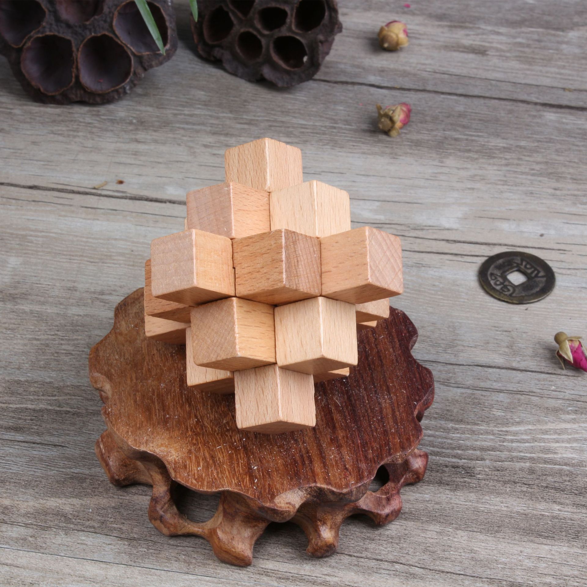 九根孔明锁 小菠萝榉木鲁班锁 成人儿童益智力玩具生日礼物小九通