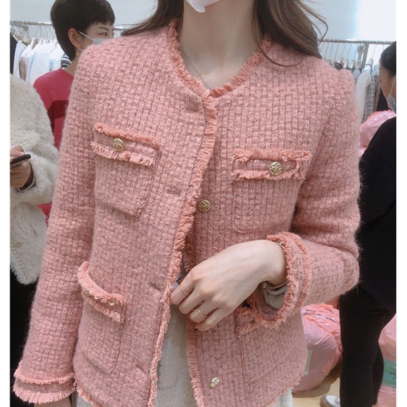 羽绒粗花呢小香风短款上衣2021秋冬新款韩版加厚夹棉仿羊毛呢外套