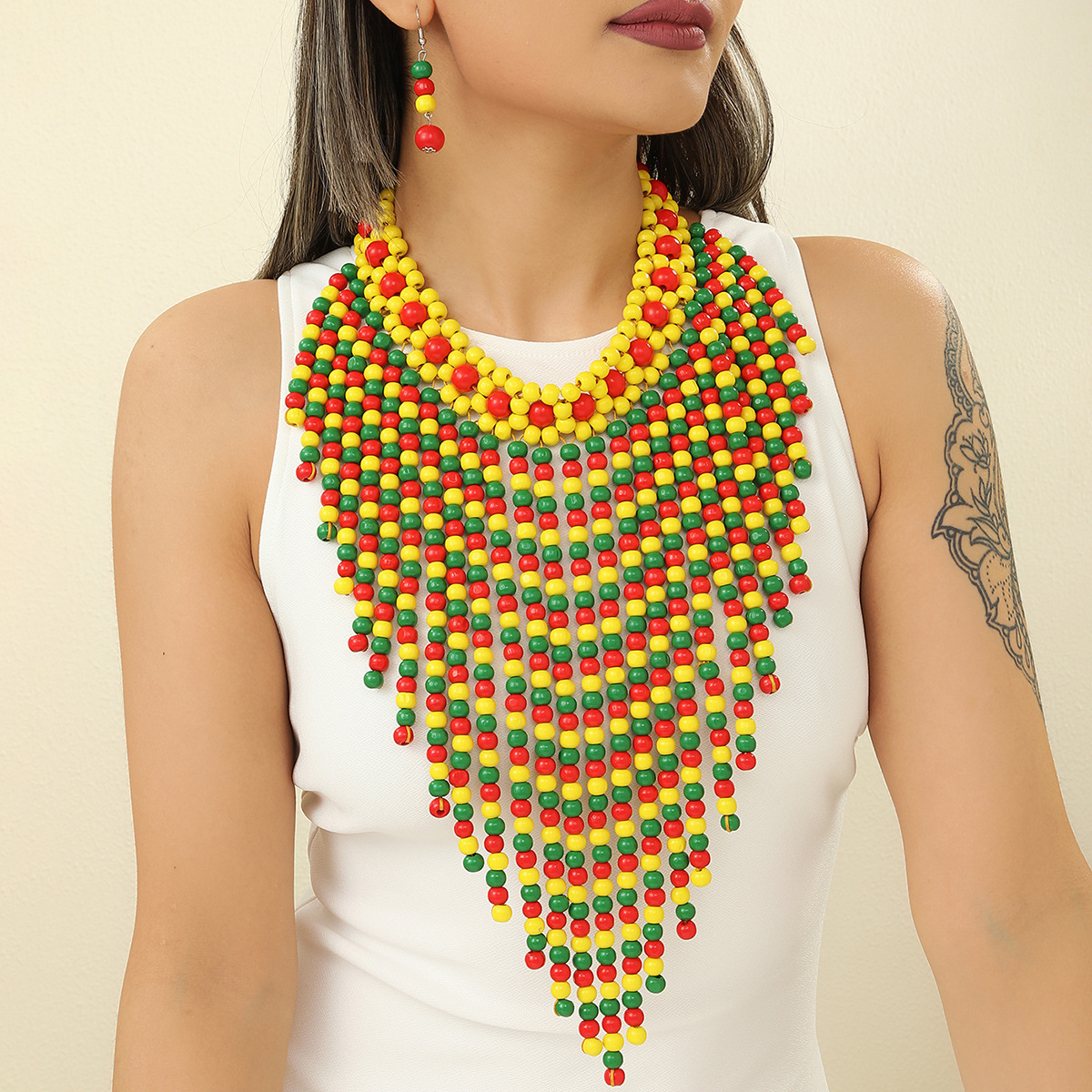 Indian Wooden Beads Necklace Earrings Set African Jewelry Wholesale Cross-Border Tassel Color Necklace Necklace Set