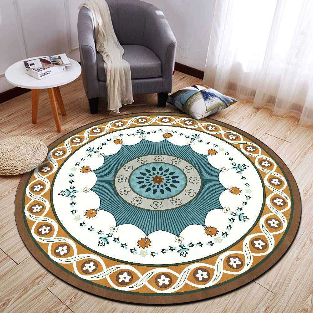 跨境欧式花纹白棕色地中海湖蓝色客厅卧室防滑圆形地垫地毯定制