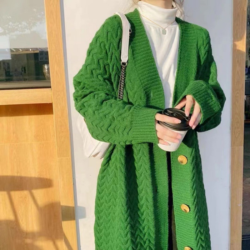 复古绿色秋冬外搭加厚毛衣外套女慵懒宽松中长款过膝麻花针织开衫