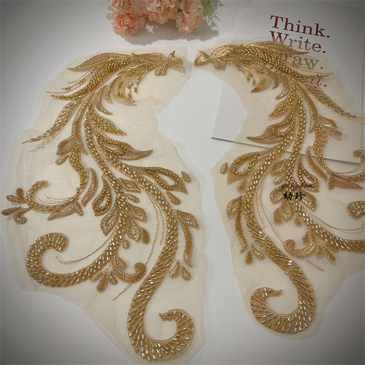 金色凤凰花边秀禾服婚纱礼服敬酒服服装花片金色diy刺绣花朵凤尾