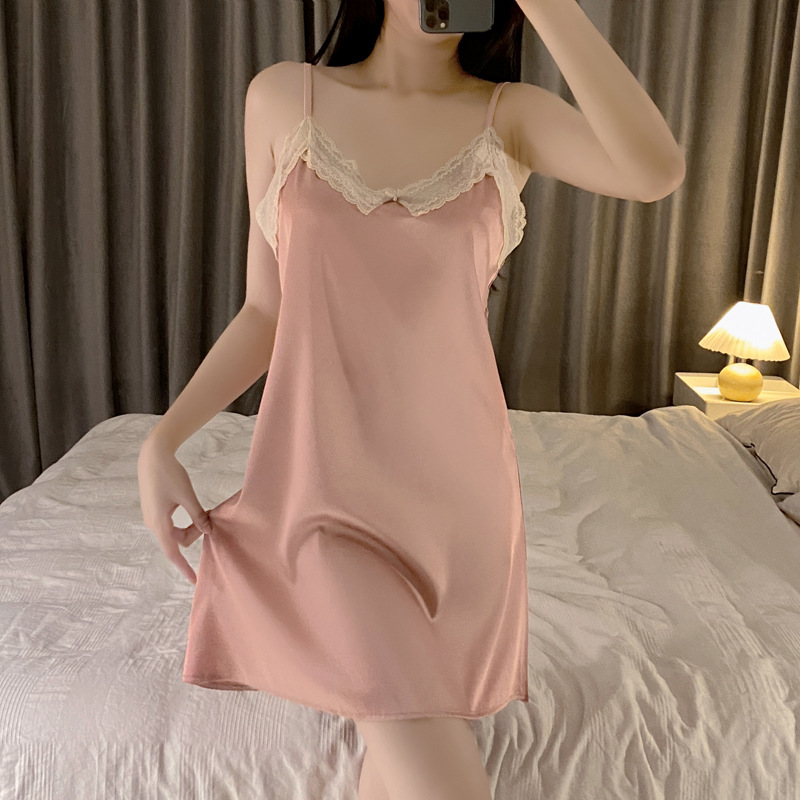 睡衣女夏季薄款冰丝蕾丝花边v领性感吊带睡裙短裙修身休闲家居服