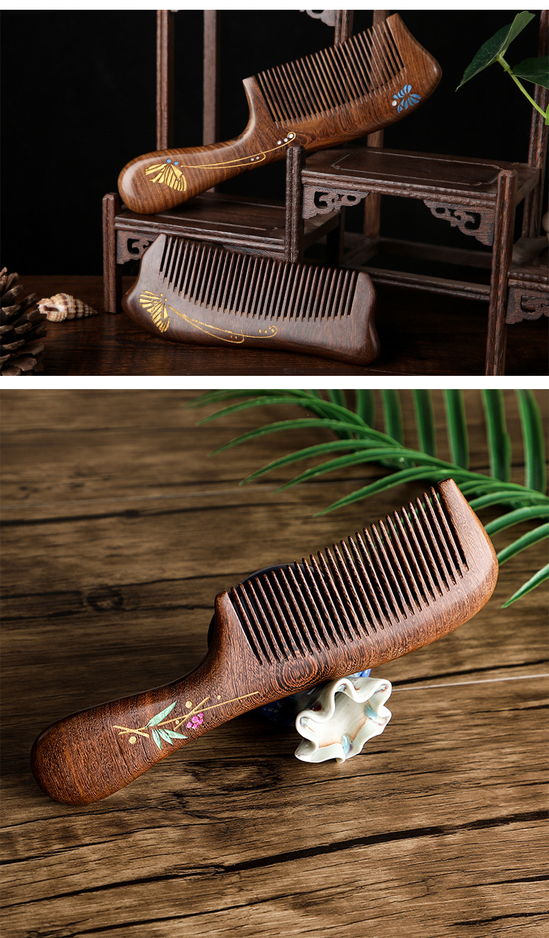 天然金丝檀木梳子 金丝檀彩绘木梳整木原色细齿梳可刻字送礼批发