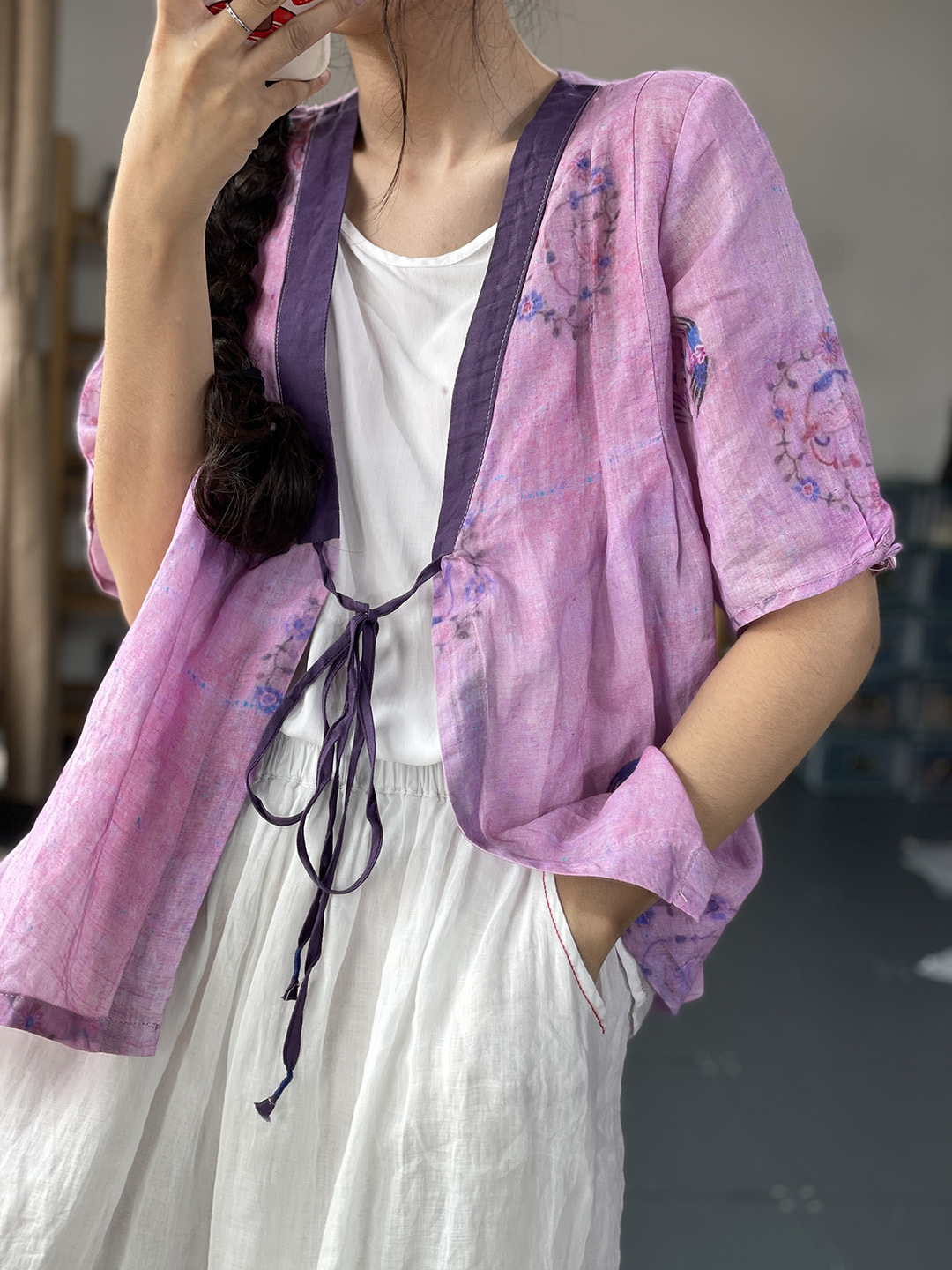 夏季复古森女系撞色领边苎麻印花系绳开衫外搭小披衫上衣女sn6669