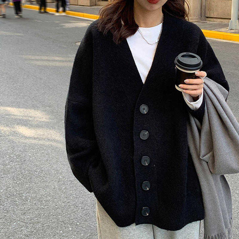 黑色v领针织外搭开衫毛衣女春秋洋气上衣外套宽松日系慵懒风春装