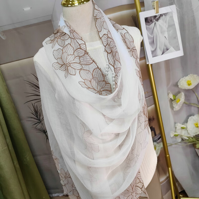 古风仙气飘飘刺绣真丝丝巾洋气轻薄长款纯色围巾女披肩中秋节礼物