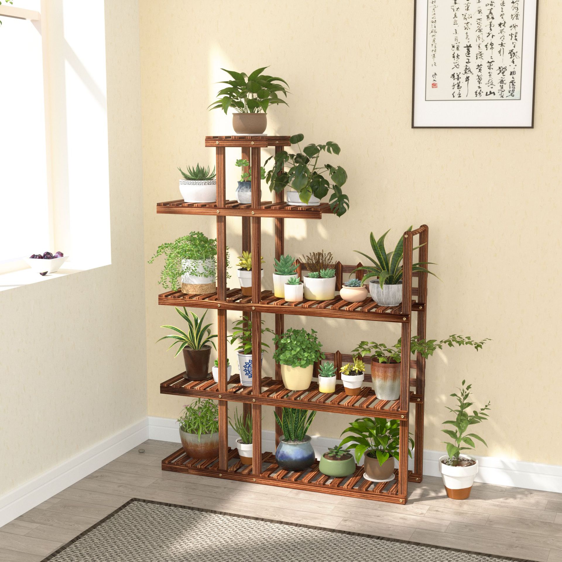 新中式木质轻奢客厅办公室实木室内花架批发阳台 多层落地盆栽架
