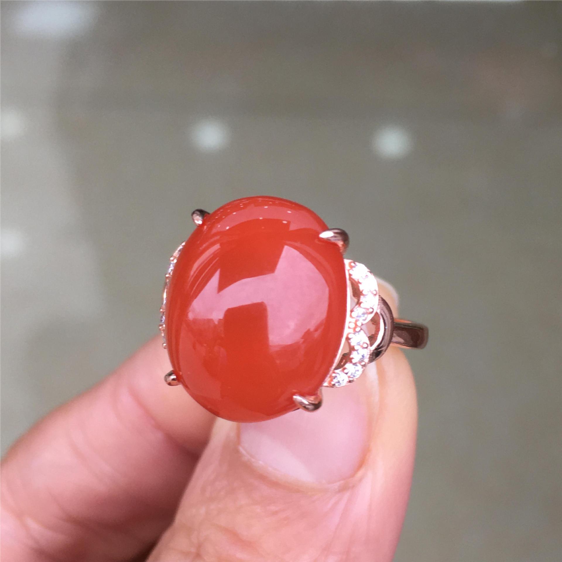 精品保山南红女款戒指满色满肉柿子红无杂裂s925银镶嵌活口手饰品