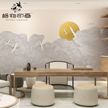 现代中式淡雅云纹仙鹤沙发背景墙纸壁布卧室书房环保设计壁画PVC