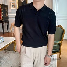 美式新款V领Polo衫男士设计感针织衫短袖T恤宽松翻领纯色春夏季潮