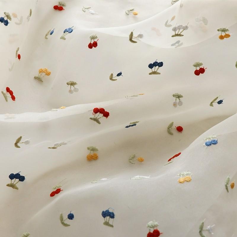 欧根纱刺绣面料樱桃绣花蕾丝夏季连衣裙女童服装面料手工diy布