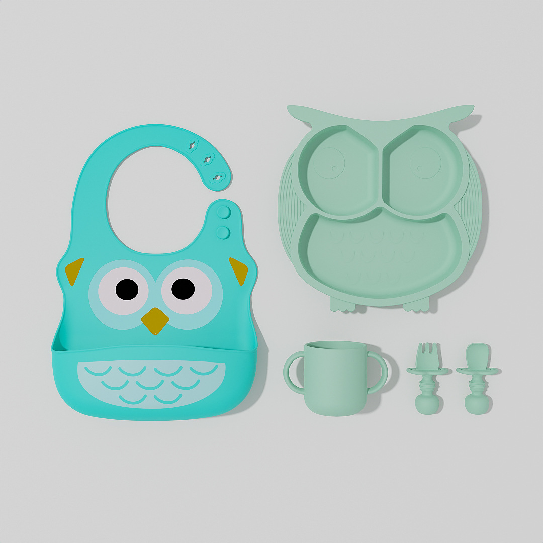 Owl Silicone Plate Bib Water Cup Spork Set Children's Tableware Set Baby Food Supplement Training Tableware