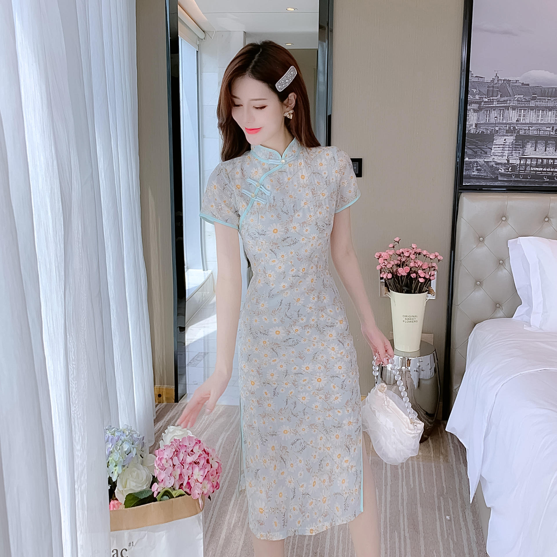 023实拍国风改良旗袍裙夏季新款碎花连衣裙小个子时尚修身雪纺裙