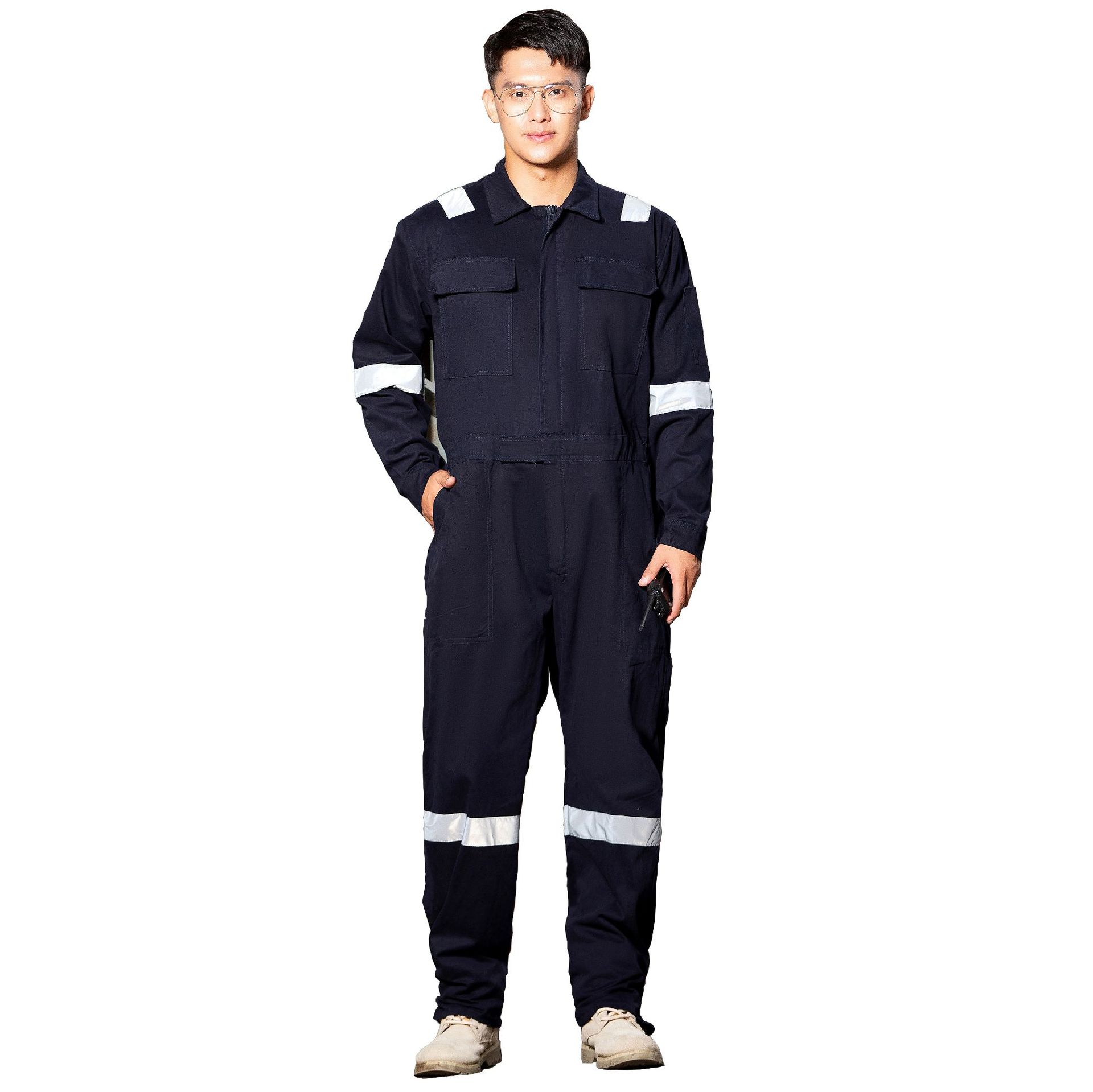 连体工作服四季款棉质全工艺劳保服多反光条电工服中石油防护服