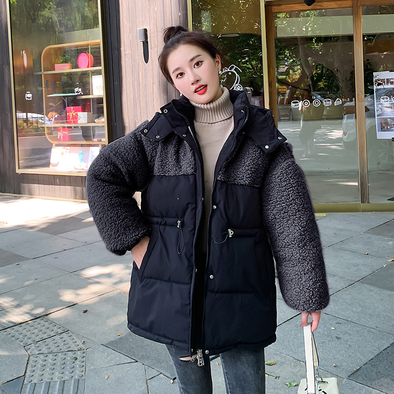 外贸现货2023冬新款棉衣女拼接羊羔毛腰部抽绳连帽保暖棉服女外套