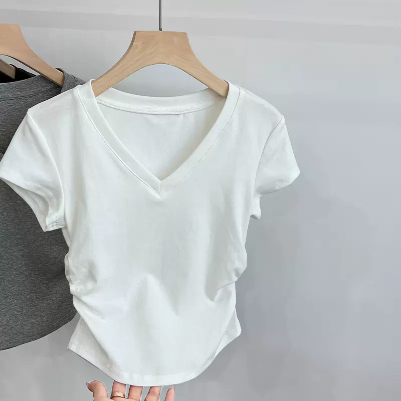 Hot Girl V-neck Women's T-shirt TikTok Cotton Short-Sleeved Shoulder Top Pleated Waist-Tight Slim-Fit Pure Style Women's Clothing