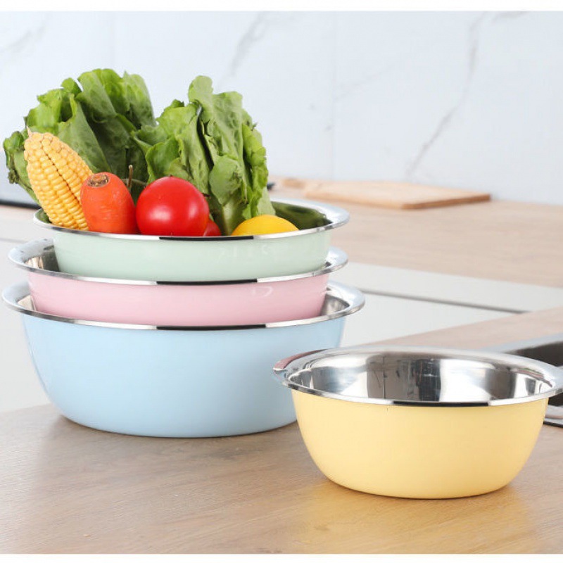 家用不锈钢盆厨房打蛋盆和面盆彩色加厚加深盆子圆形洗菜盆沥水盆