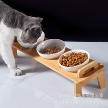 原木猫碗陶瓷三个碗斜口保护颈椎猫食盆防打翻可调节宠物狗碗