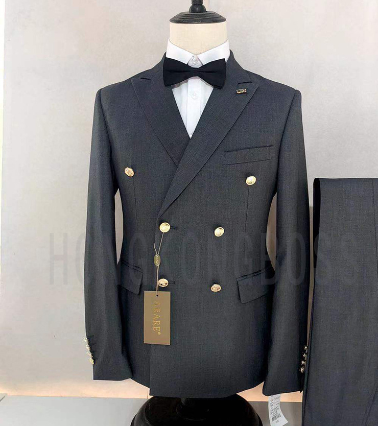 外贸爆款男士西装二件套金色双排扣平驳领大码西服轻商务四季现货