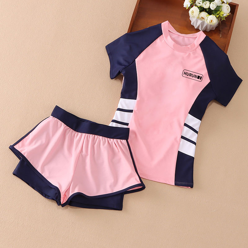 Girl's Swimsuit Two-Piece Short Sleeve Sun Protection Medium and Large Children's Boxers Children Quick-Drying Two-Piece Suit Student Swimwear Wholesale