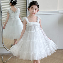 女童连衣裙夏季2024新款小女孩洋气儿童带翅膀礼服纱裙白色公主裙