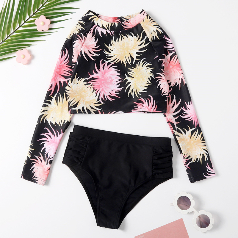 Middle and Big Children Summer New Swimwear Long Sleeve Sun Protection Swimsuit Two-Piece Floral Quick-Drying Beach Swimsuit