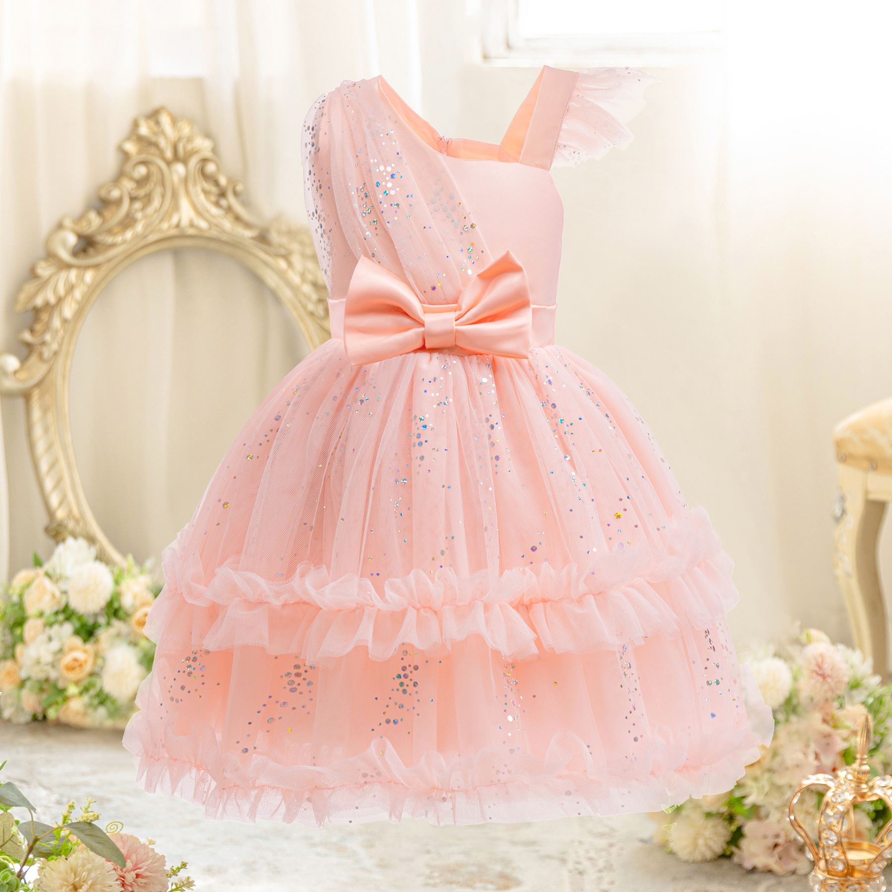 跨境女童连衣裙2025童装小女孩单肩蝴蝶结粉色花童纱裙礼服公主裙