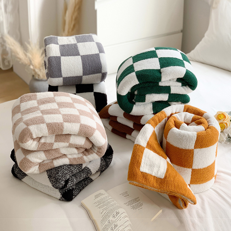 Cross-Border Half Velvet Chessboard Grid Knitted Blanket Cover Blanket Nap Blanket Household Sofa Cover Tailstock Blanket Wholesale