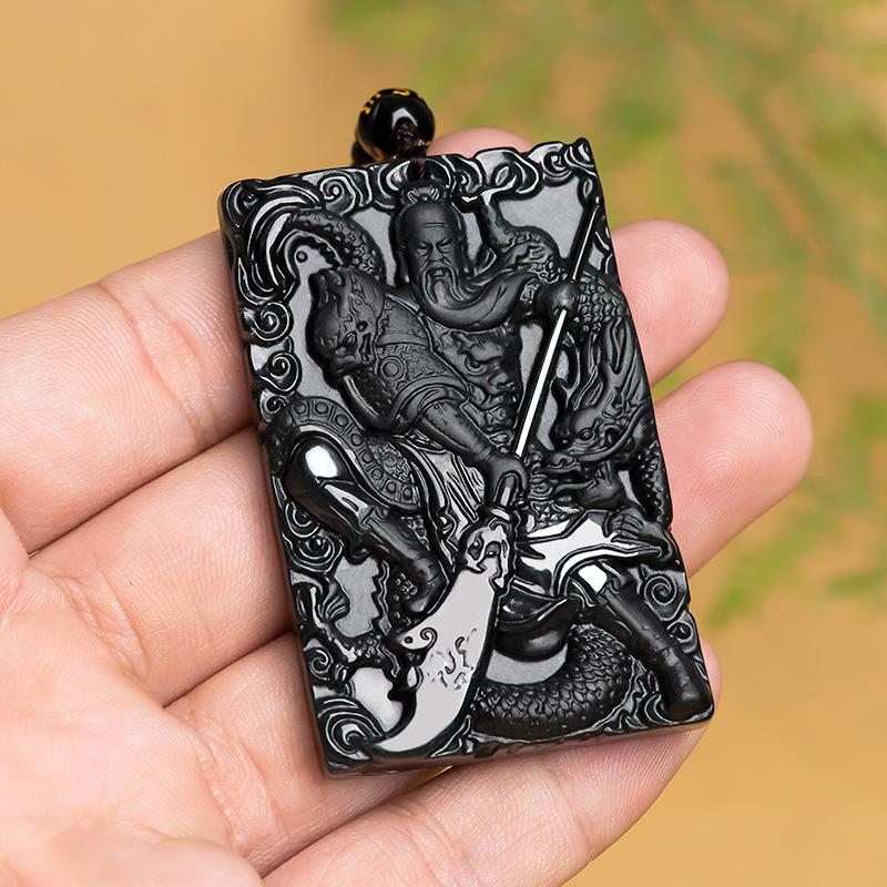 天然a货翡翠墨玉武神关公吊坠墨翠冰种玉石男士项链挂件女款饰品