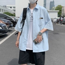 假两件短袖衬衫男潮ins夏季薄款宽松外套日系潮牌休闲百搭衬衣服