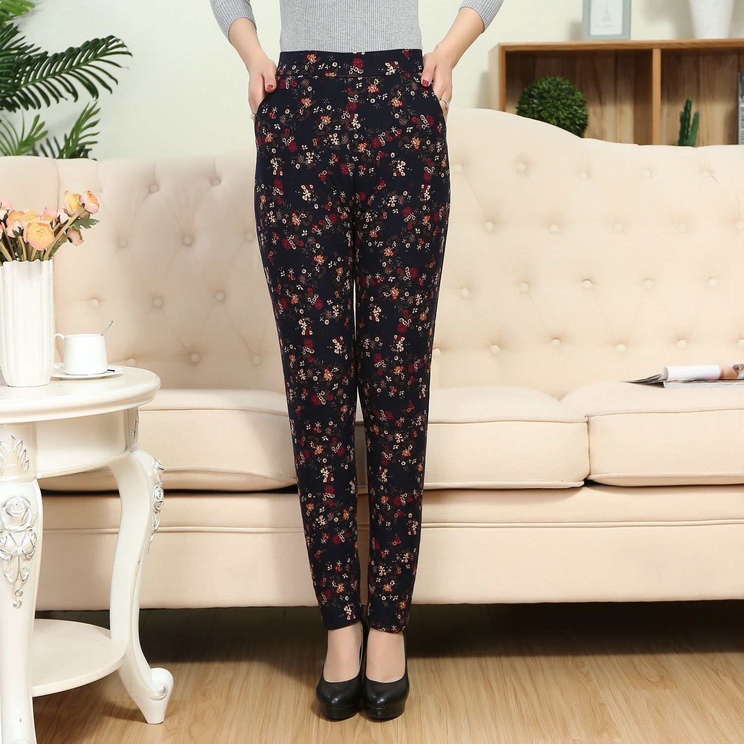 蚕丝花棉裤女中老年外穿棉裤高腰加绒加厚妈妈裤女士打底保暖裤冬