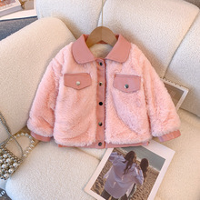 女童加绒加厚棉服秋冬装2023新款儿童可爱粉色冬天毛茸茸毛衣外套