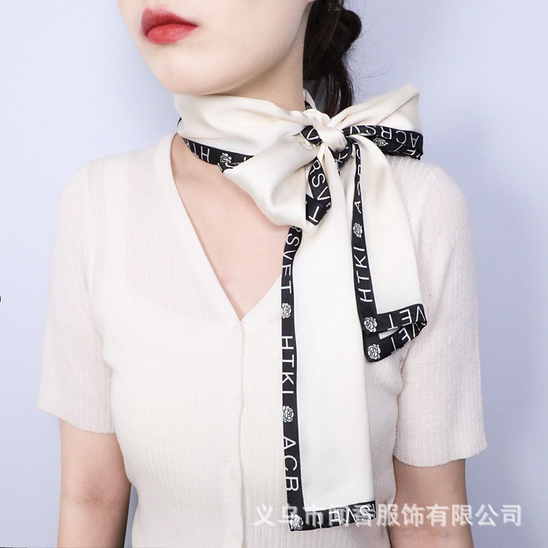 Classic Style Elegant Letter Printed Long Silk Scarf Decorative Ribbon Small Scarf French Elegant Arm Bag Hair Band Scarf