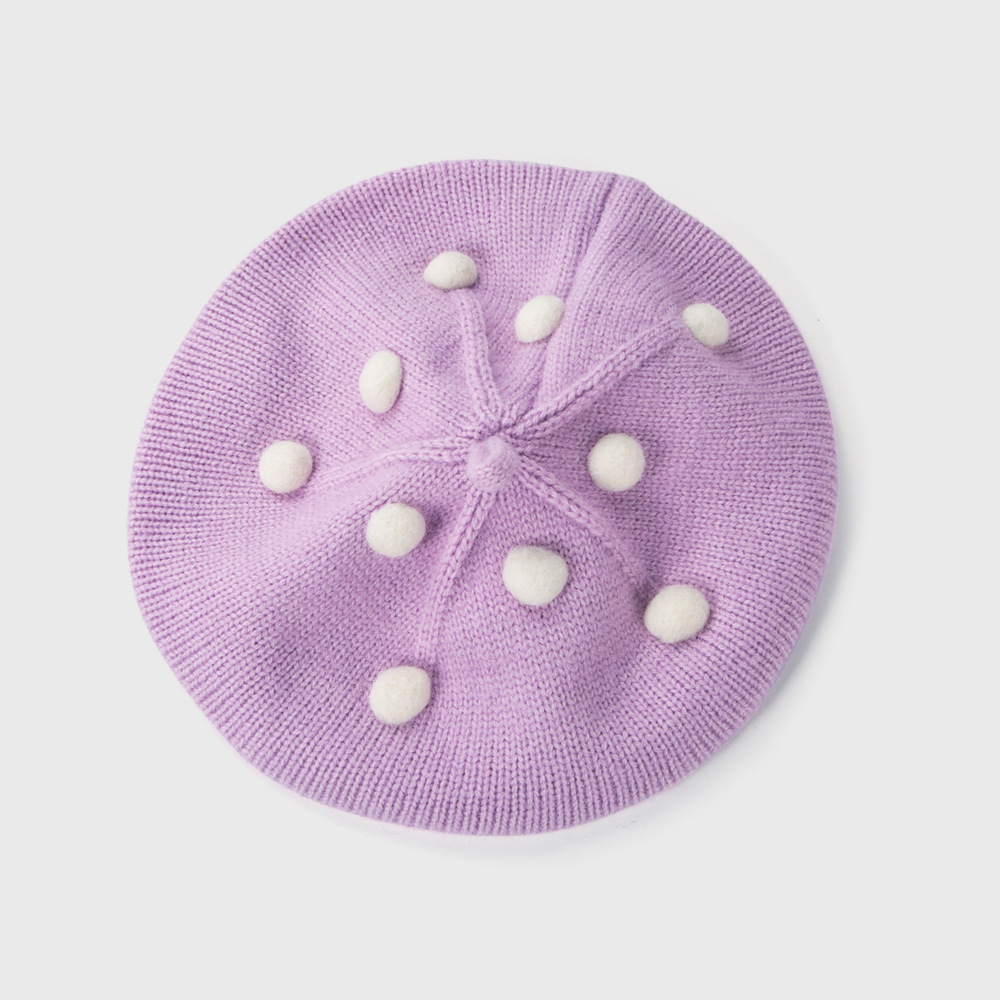 韩版毛球儿童纯色贝雷帽新款洋气出游女童画家帽宝宝针织毛线帽子