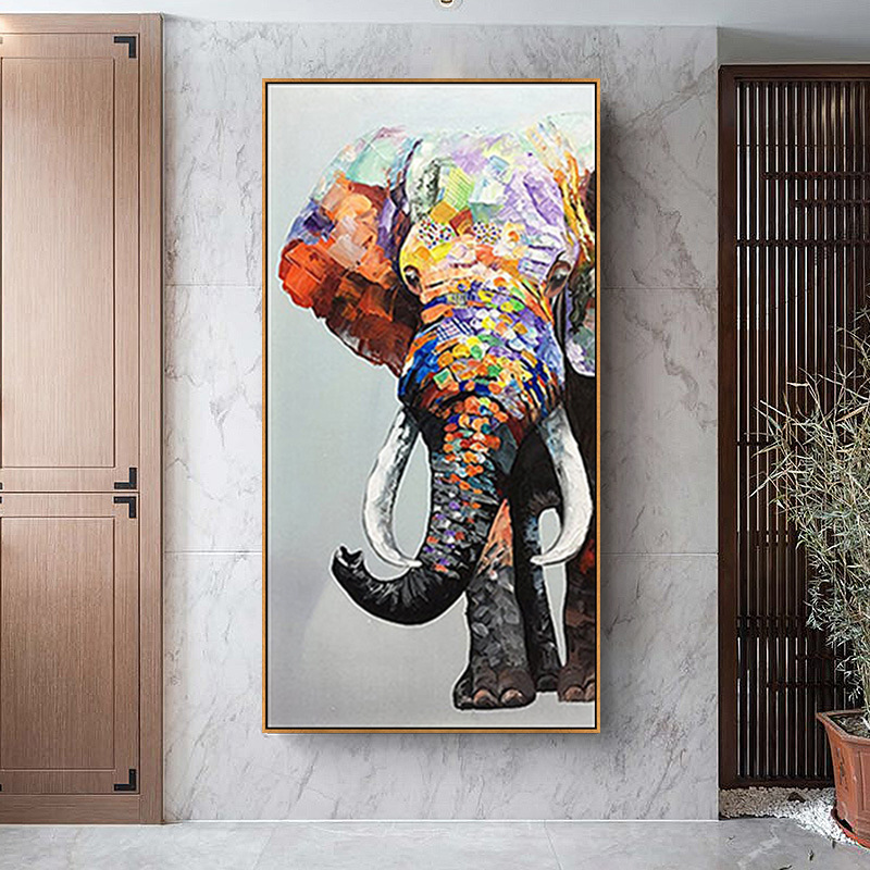 现代简约玄关装饰画纯手绘油画入户过道挂画大象壁画客厅竖版欧式