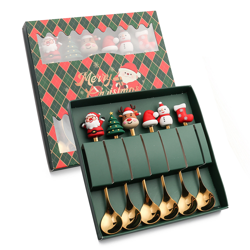 Q Christmas Spoon Tableware Set Snowman Elk Coffee Spoon Santa Claus Fruit Fork Doll Spoon Fork Gift
