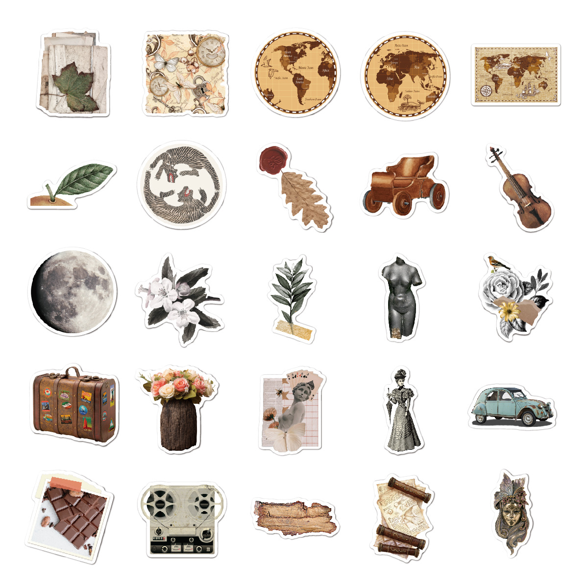 50张卡通复古风图案贴纸个性装饰行李箱笔记本防水可移不重复贴画