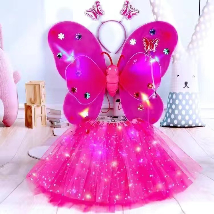 Children's Light-Emitting Butterfly Wings Wholesale Double-Layer Wings with Lights Three-Piece Set Back Decoration Performance Props Stall Small Toys