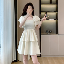 2024年夏季新款时尚连衣裙女韩版显瘦短袖方领蛋糕裙