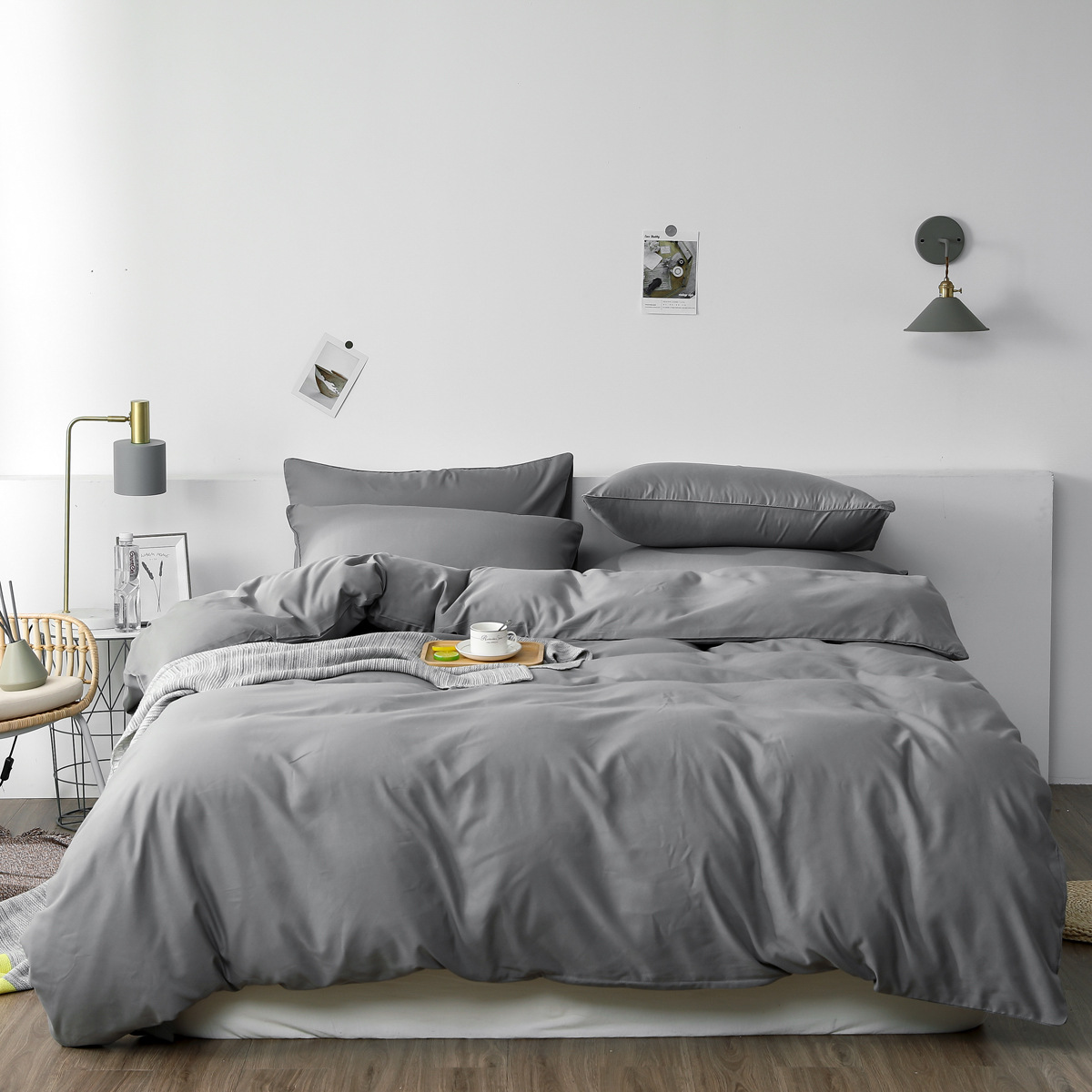 跨境床上用品外贸家纺欧美简约纯色磨毛双拼枕套三件套被套套件