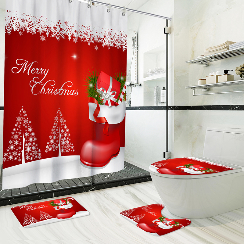 Amazon Santa Claus Printing Shower Curtain Waterproof and Mildew-Proof Four-Piece Polyester Shower Curtain Toilet Cover Floor Mat Four-Piece Set