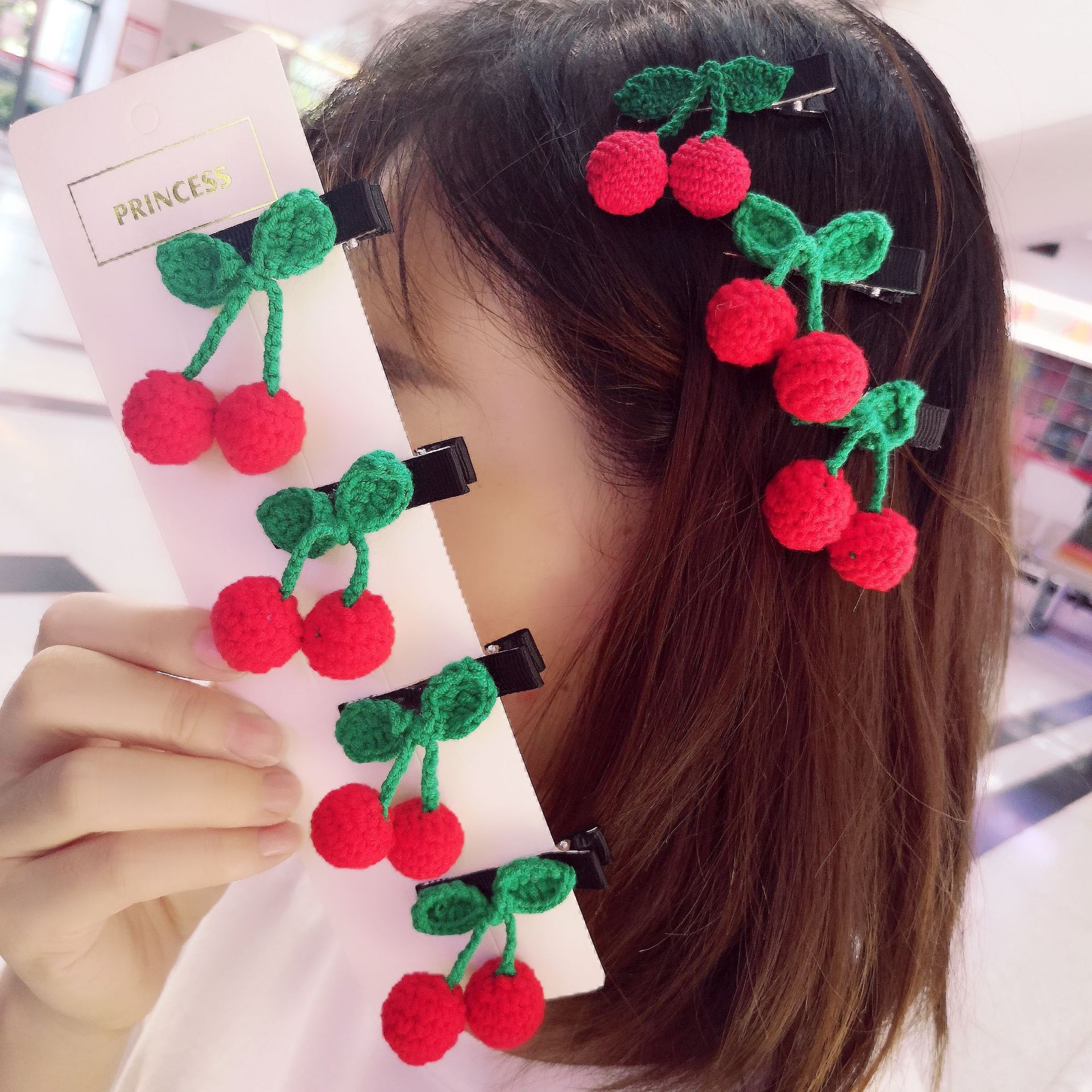 韩版时尚樱桃发夹针织刘海夹简约边夹少女网红夹子头饰气质发卡女