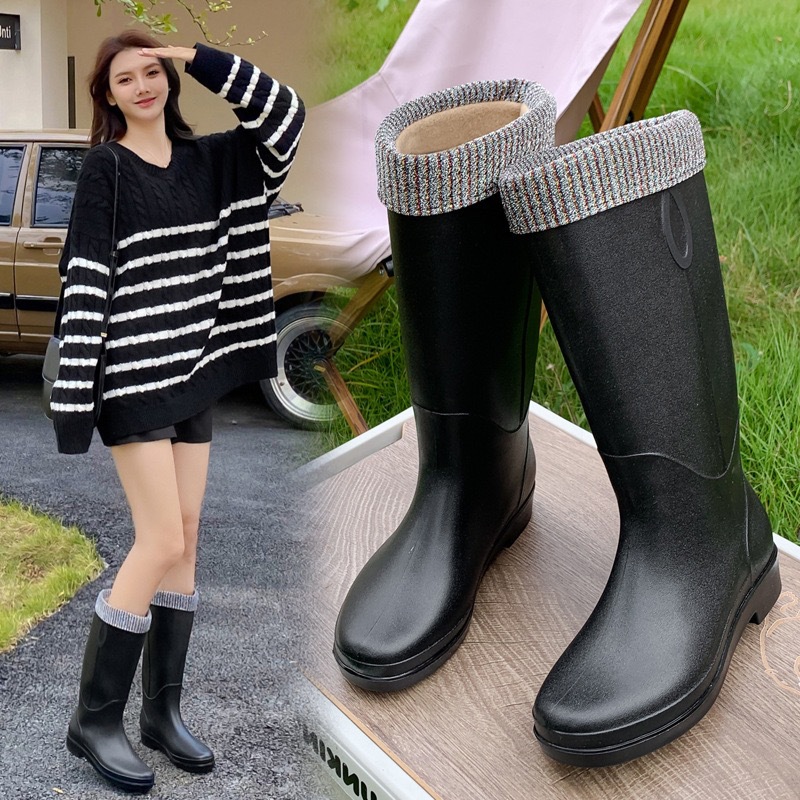 Japanese Knee-High Rain Boots Women's Fashion Outerwear Fleece-Lined Non-Slip Waterproof Rain Boots PVC Frosted Rubber Shoes Shanghai Double Money