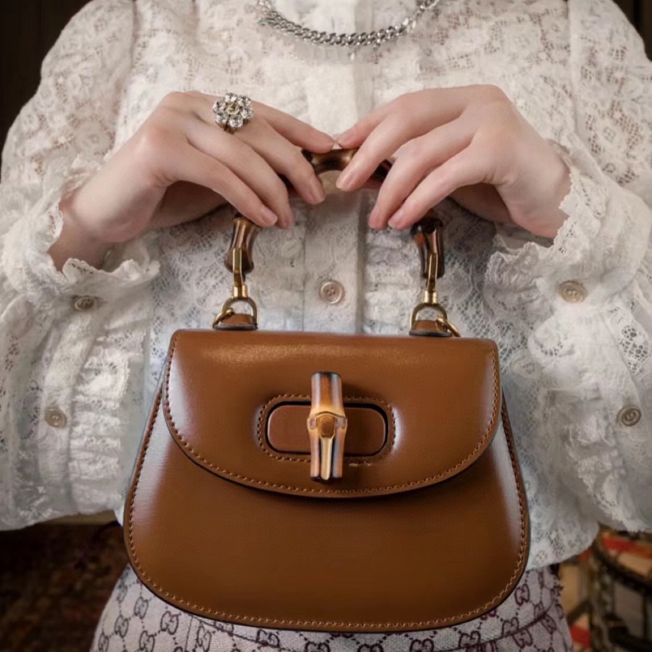 斜挎手提包包网红同款bamboo1947竹节包时尚复古欧美外贸时尚竹编包镂