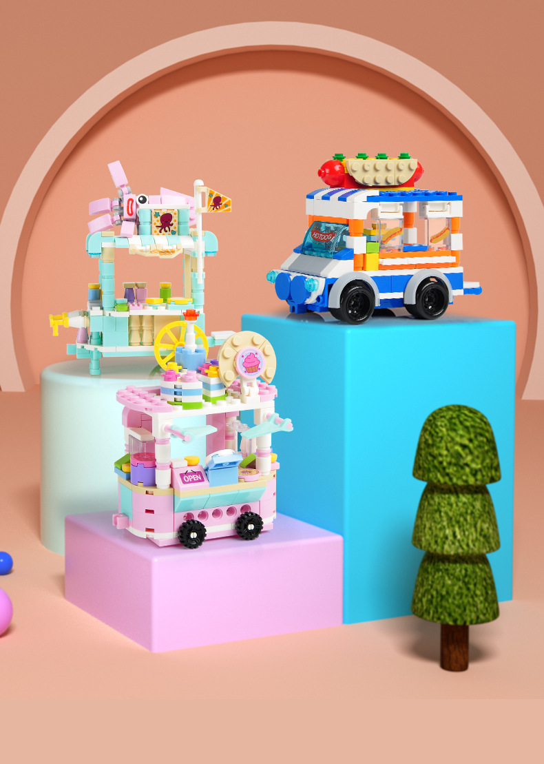 街景小吃兼容乐高小颗粒积木儿童拼插迷你美食街积木卡通拼插礼品