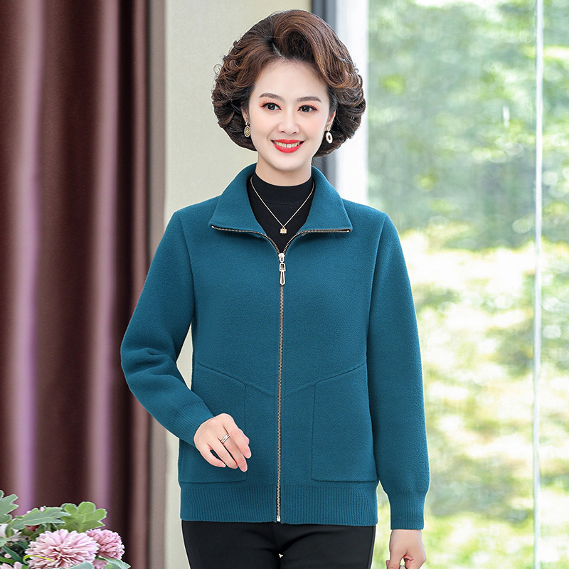 Mom Autumn Clothes Double-Faced Woolen Goods Short Coat 2023 New Middle-Aged Women's Lapel Sweater Cardigan Middle-Aged and Elderly Top