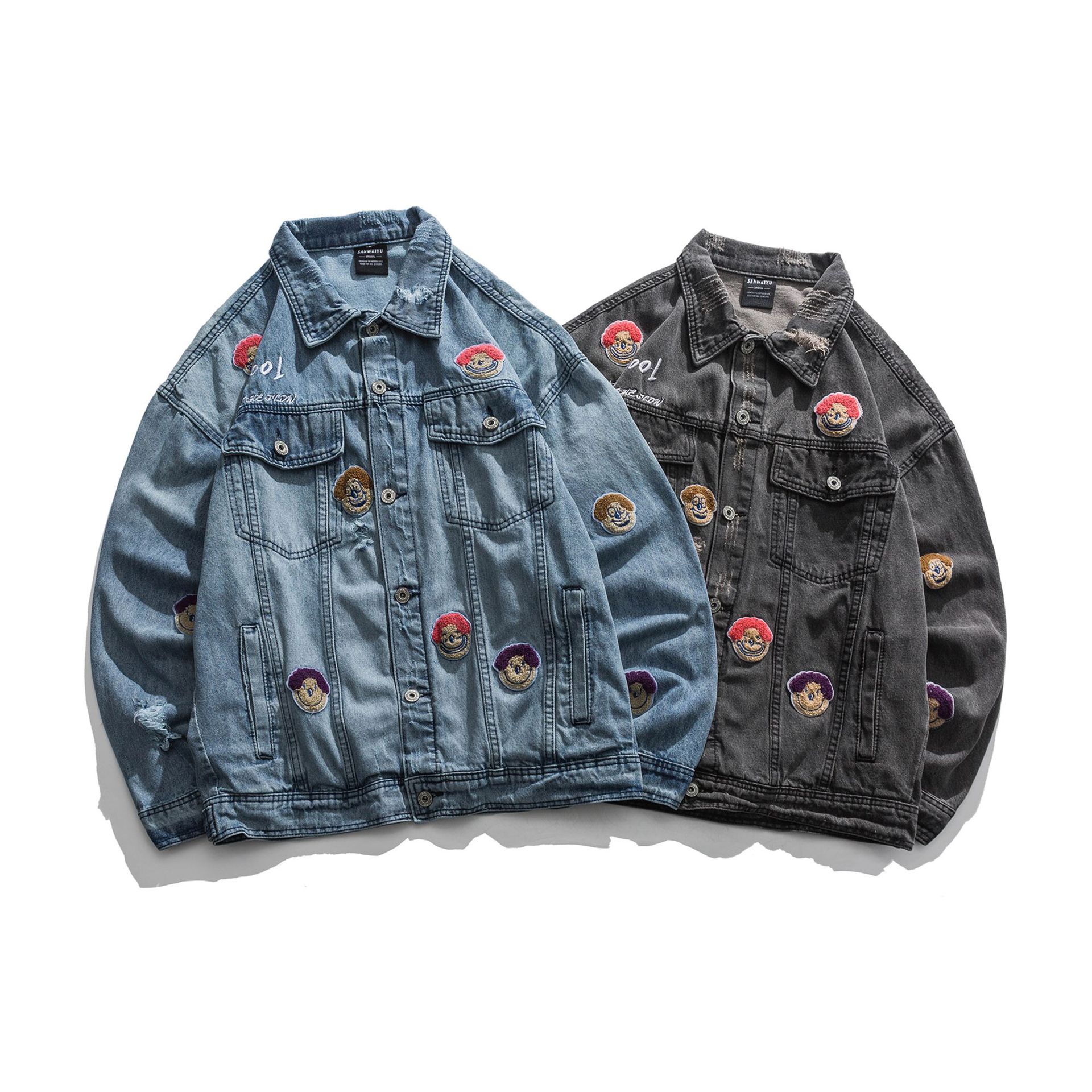 龙之男装秋季潮牌夹克毛巾绣字母刺绣设计卡通小丑贴布牛仔外套男