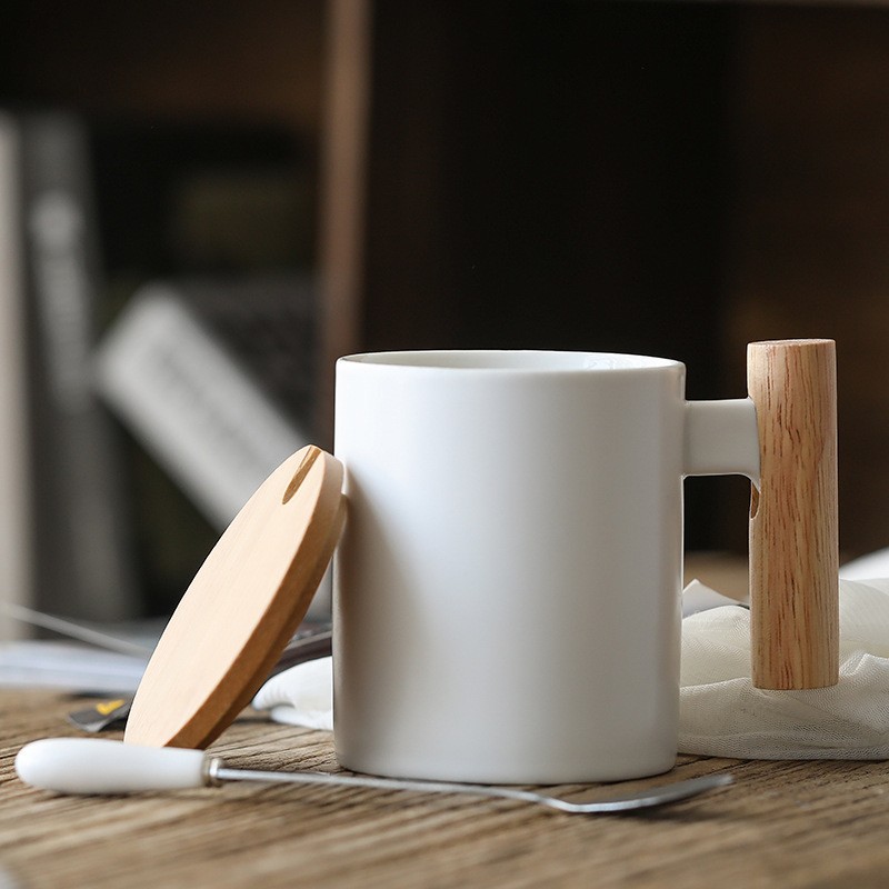 International Wood Handle Cup Foreign Trade Ceramic Cup Coffee Cup with Lid Couple Mug Office Water Glass Gift Cup